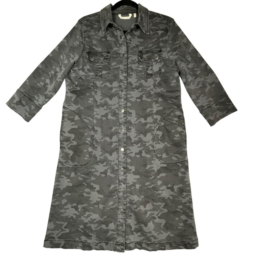 Soft Surroundings Camille Gray Camo Denim Full Snap Casual Urban Shirt Dress  M